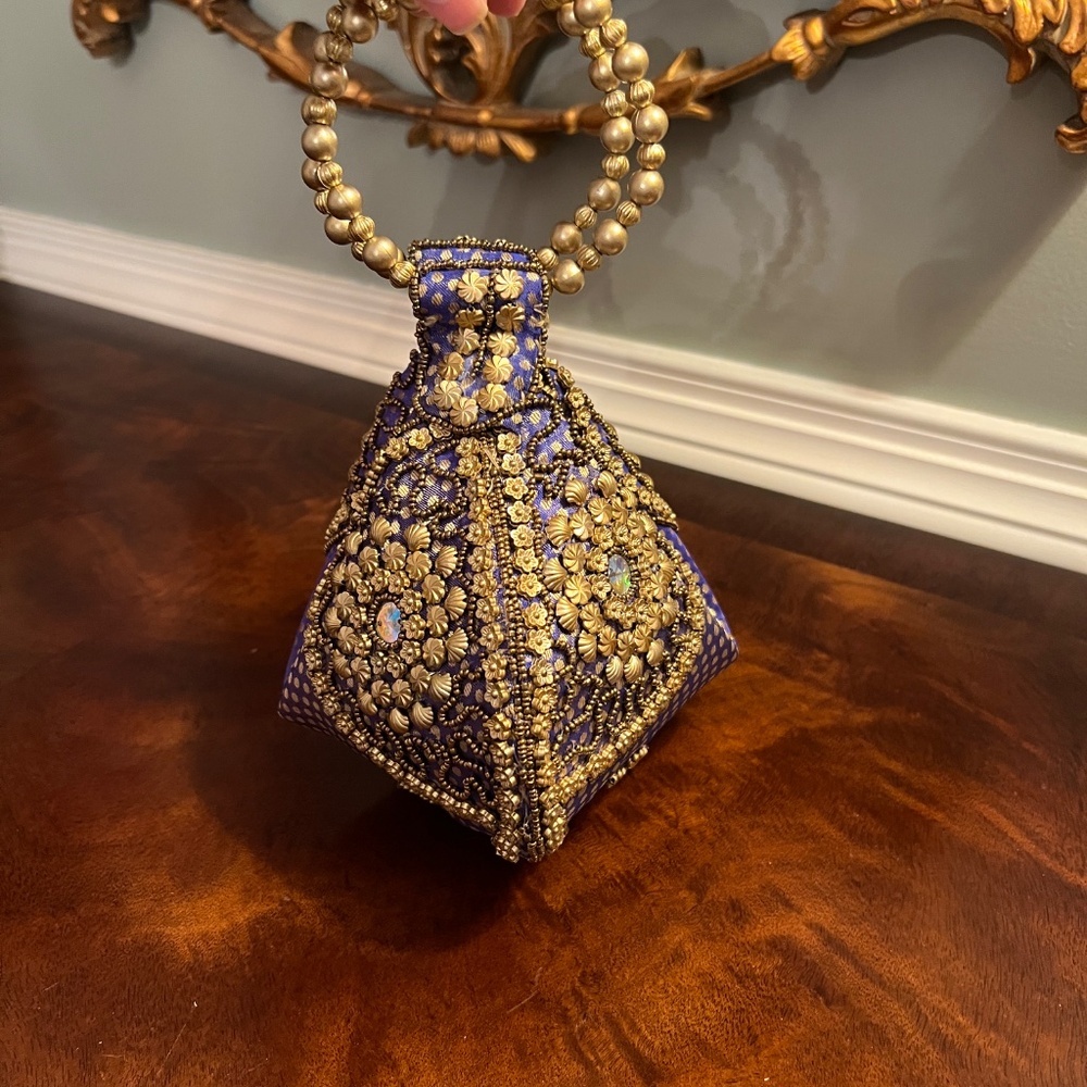 NWOT Royal Blue & Gold Beaded Fortune Cookie Purse Bag Handbag - Picture 4 of 6